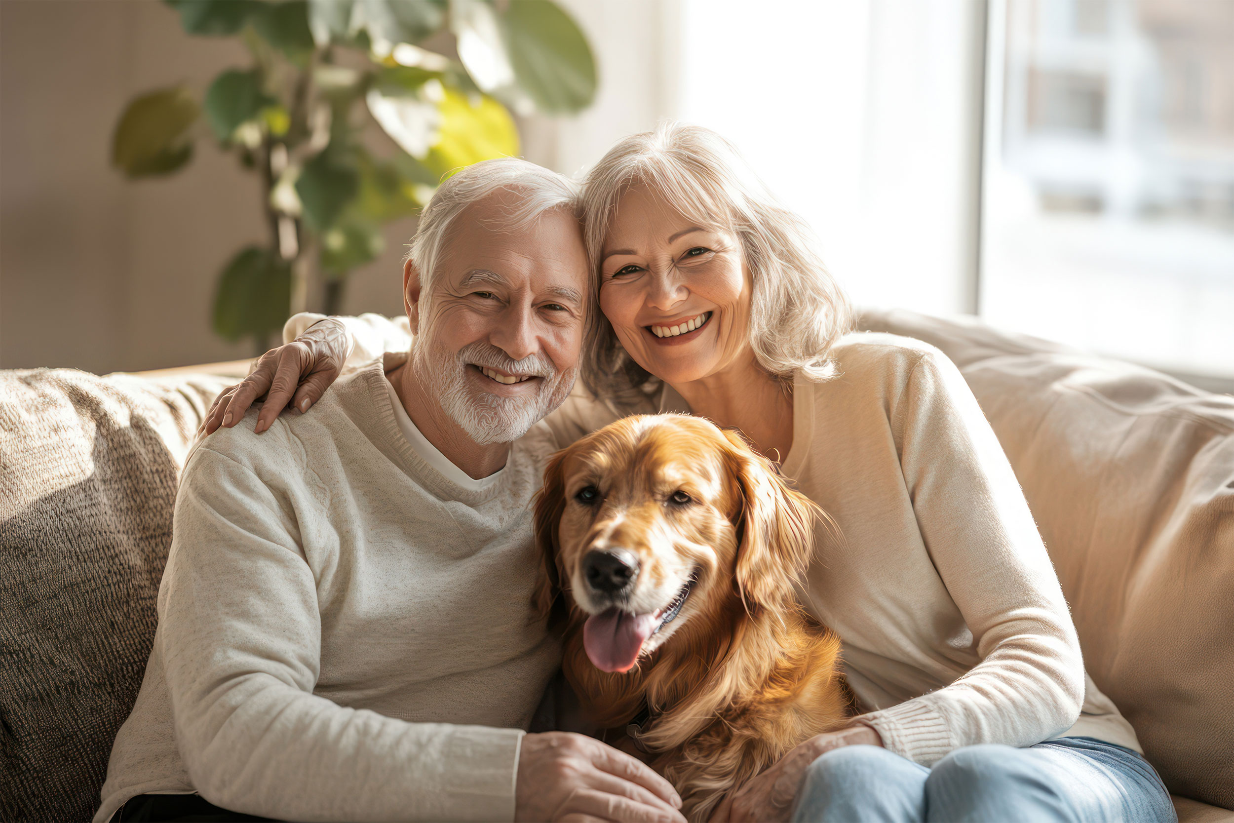 Older couple relaxing at home with their dog